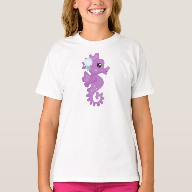 T-shirt Cheval de mer mignon, Cheval de mer mauve, Poisson (Devant)