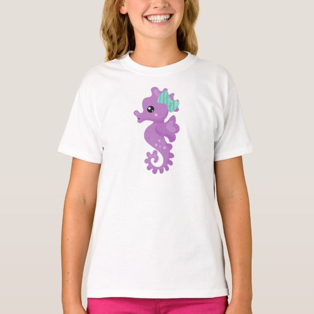 T-shirt Cheval de mer mignon, Cheval de mer mauve, Ruban,  (Devant)