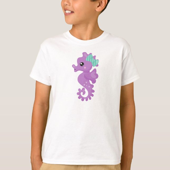 T-shirt Cheval de mer mignon, Cheval de mer mauve, Ruban,  (Devant)