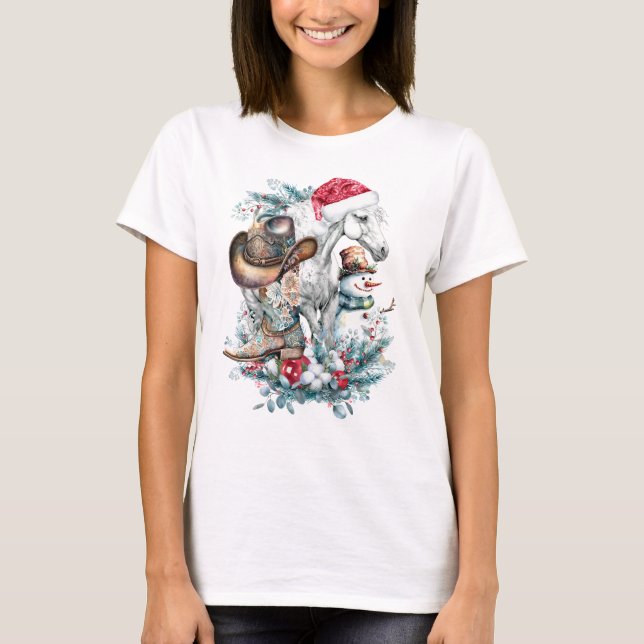 T-shirt Cheval de Noël en Chat de Noël cowgirl cowboy bott (Devant)