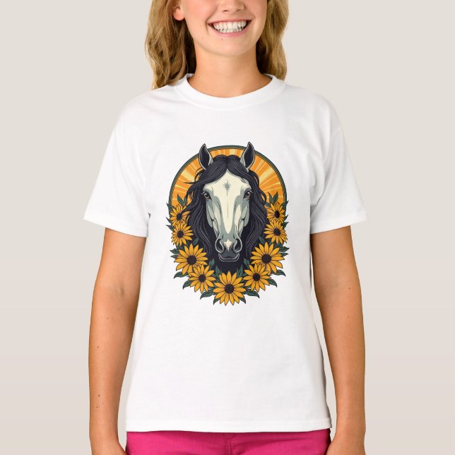 T-shirt Cheval et fleurs de Susan aux yeux noirs (Devant)