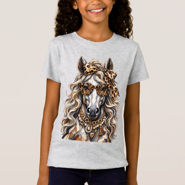 T-Shirt Cheval Glam Imprimé Léopard Chaîne Or Bling  (Devant)