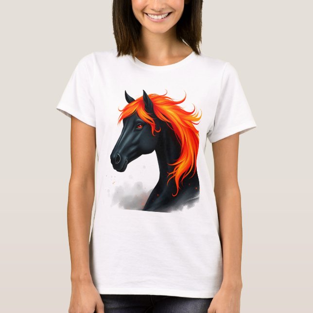T-shirt Cheval noir avec crinière rouge feu (Devant)