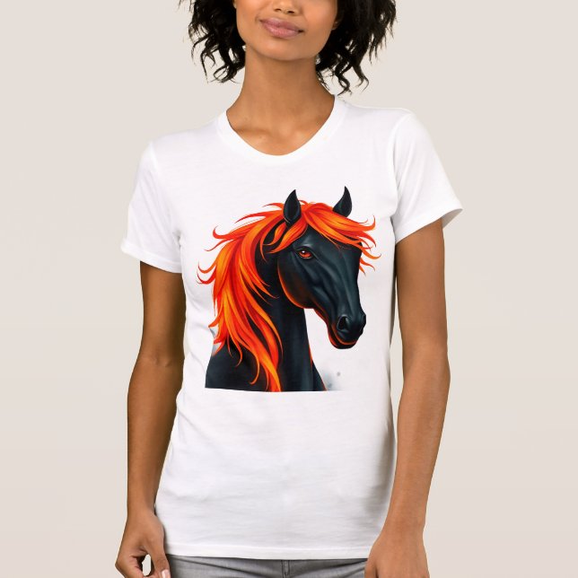 T-shirt Cheval noir avec crinière rouge feu (Devant)