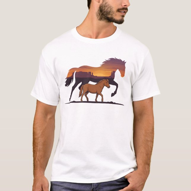 T-shirt Cheval occidental Mustangs sauvages Désert Coucher (Devant)