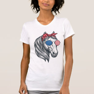 T-shirt Cheval Patriotique Avec Lunettes De Soleil Drapeau