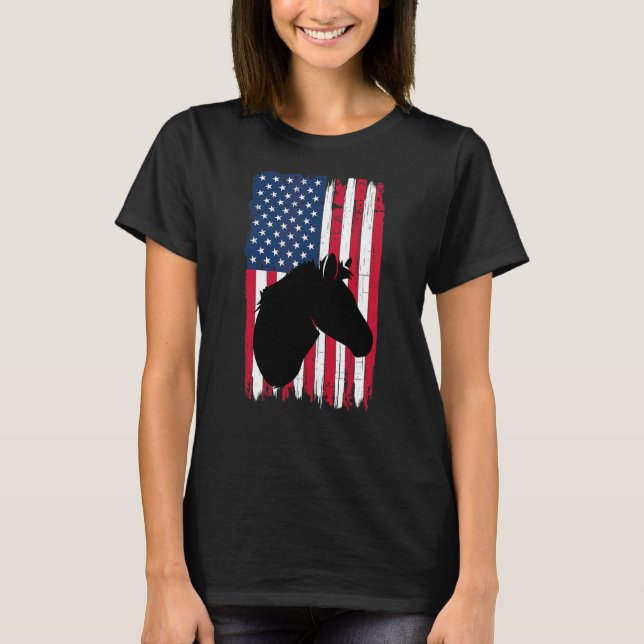 T-shirt Cheval Tête Animal Silhouette Drapeau Américain Us (Devant)