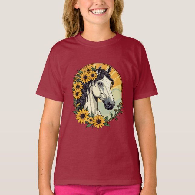 T-shirt Cheval Thoroughbred Et Fleurs Susan À Oeil Noir (Devant)