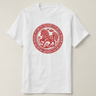 T-shirt Cheval Traditionnel en Papier Découpé Rouge Art Tr