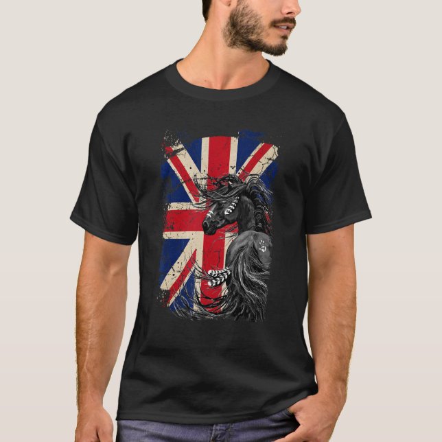 T-shirt Cheval Uk Drapeau Britannique  Noir Cheval Aborigè (Devant)