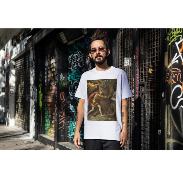 T-shirt Chevalier en armure dorée contre le dragon (Créateur téléchargé)