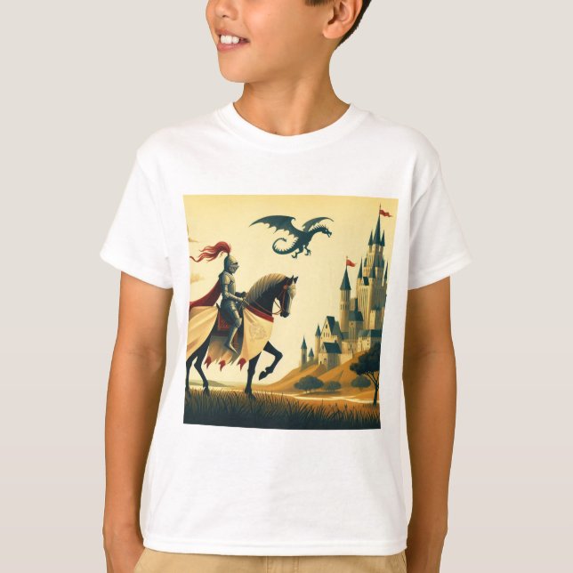 T-shirt Chevalier médiéval/dragon/château fantastique (Devant)