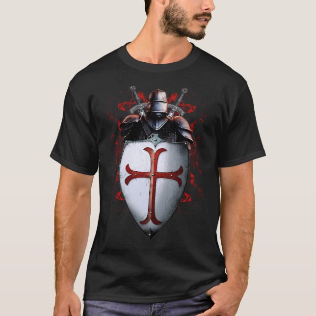 T-shirt Chevalier Templier Drapeau Casque Croix épée (Devant)