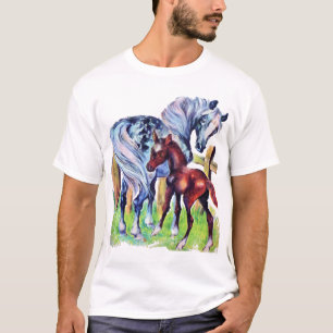 T-shirt Chevaux Mère Bébé Champ d'herbe