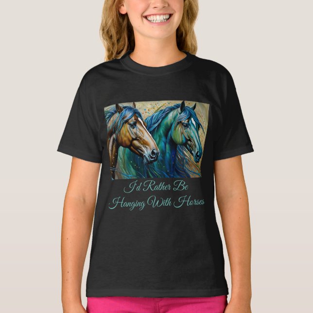 T-shirt Chevaux Turquoise bleu vert brun (Devant)