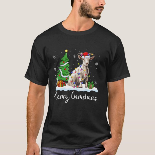 T-shirt Chèvre Noël Éclairage Santa Chapeau Chèvre Joyeux  (Devant)