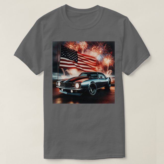 T-shirt Chevrolet Camaro et le drapeau américain par Gas A (Design devant)