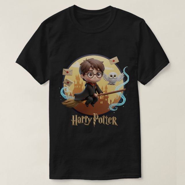T-shirt Chibi 3D Harry Potter volant sur Broomstick Cute L (Design devant)