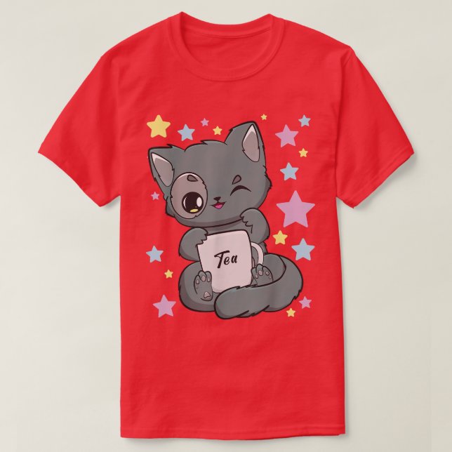 T-shirt Chibi Anime Chat Boire un Boba Tea Kawaii Neko Fa (Design devant)