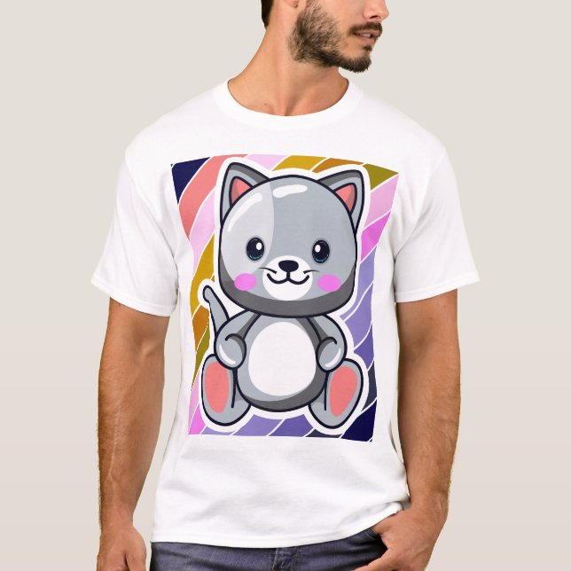 T-shirt Chibi Cat Kawaii Anime Mignon Chat Gris Art (Devant)