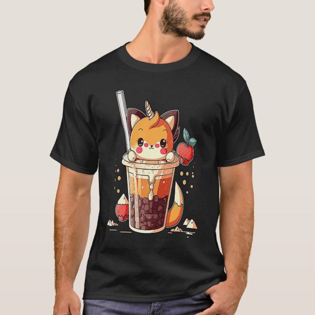 T-shirt Chibi Cute Bubble Tea Fox Boba Tea (Devant)