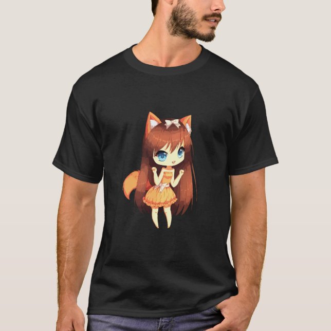 T-shirt Chibi Style Kawaii Japonaise Anime Girl Avec Fox E (Devant)