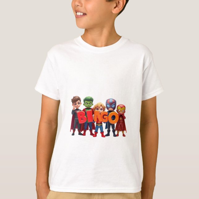 T-shirt Chibi Superheroes Spell "BINGO" (Devant)