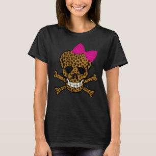 T-shirt Chic Empreinte de léopard Pirate crâne rose Bow