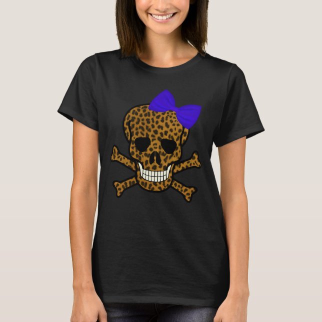 T-shirt Chic Empreinte de léopard Pirate Skull Blue Bow (Devant)