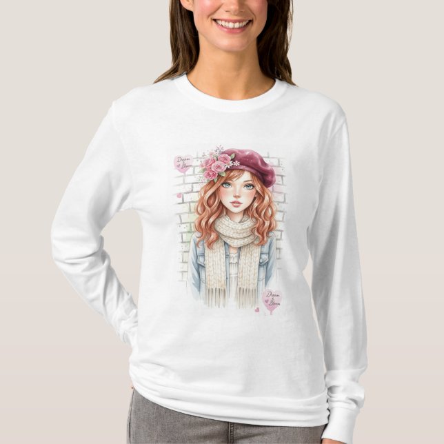 T-shirt Chic Parisian Style Beret Girl Floral Fashion Tee (Devant)