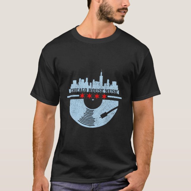 T-shirt Chicago House Music Vinyl Dj Raver drapeau Skyline (Devant)