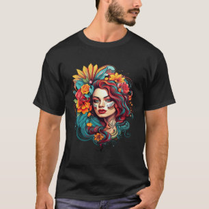 T-shirt Chicano Fille Mexique Fleurs Mort Jolie