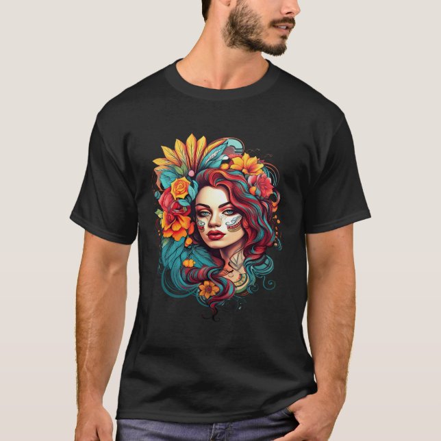 T-shirt Chicano Fille Mexique Fleurs Mort Jolie (Devant)