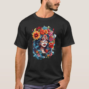 T-shirt Chicano Girl Mexico Fleurs Mort Jolie 8