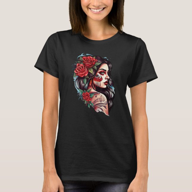 T-shirt Chicano Girl Mexico Flowers Death Pretty (Devant)