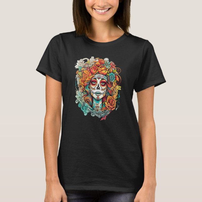 T-shirt Chicano Girl Mexico Flowers Death Pretty 2 (Devant)