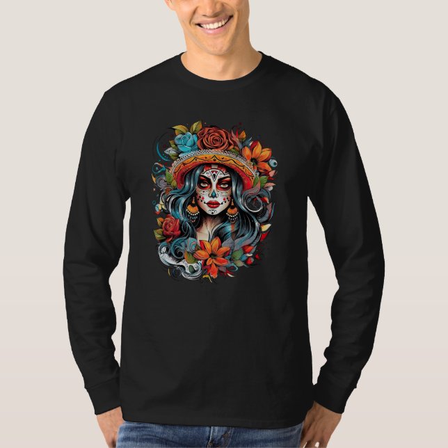 T-shirt Chicano Girl Mexico Flowers Death Pretty 4 (Devant)