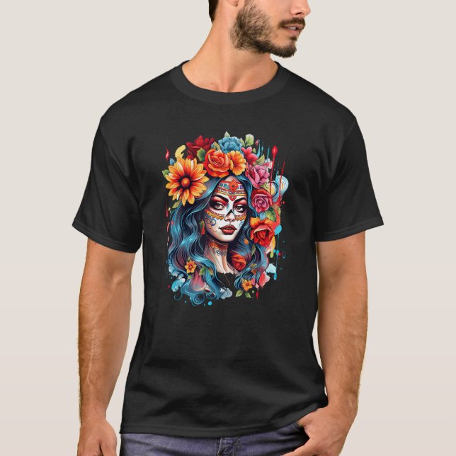 T-shirt Chicano Girl Mexico Flowers Death Pretty 8 (Devant)