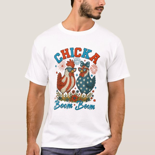T-shirt Chicka Boom Boom Patriotique Poulets 4 juillet (Devant)