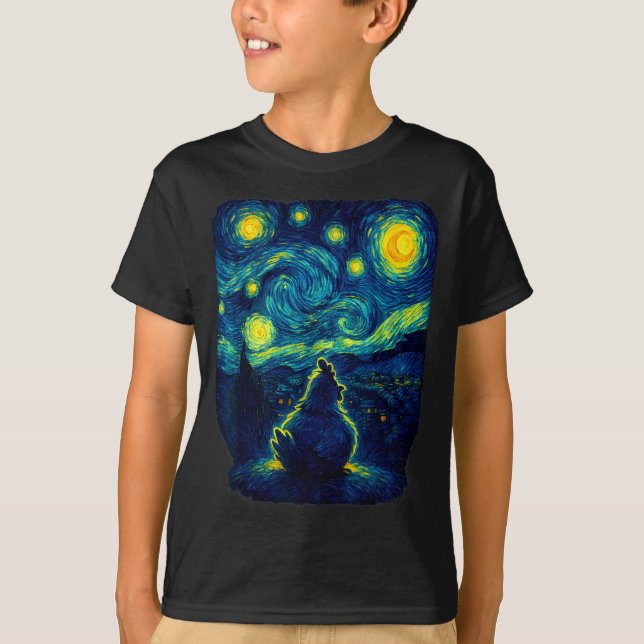 T-shirt Chicken Starry Funny Night Van Gogh Farm Lover Gir (Devant)