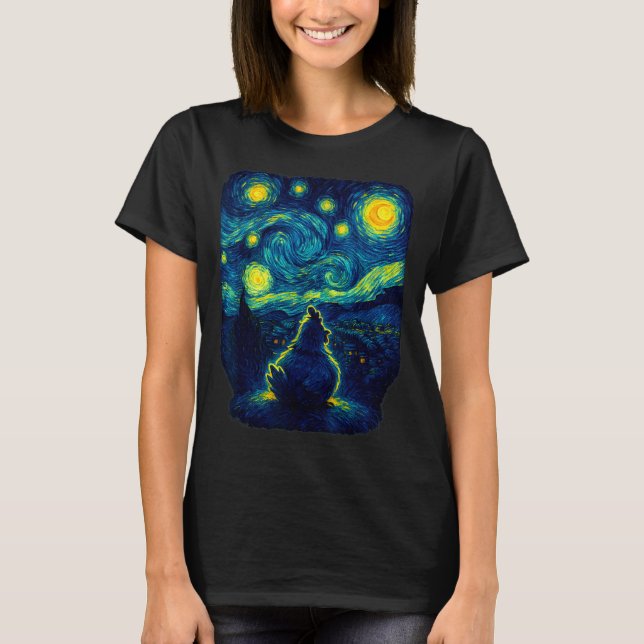 T-shirt Chicken Starry Funny Night Van Gogh Farm Lover Gir (Devant)