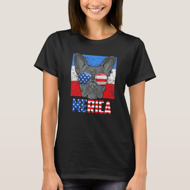 T-shirt Chien à chien français Usa 4 juillet Drapeau améri (Devant)