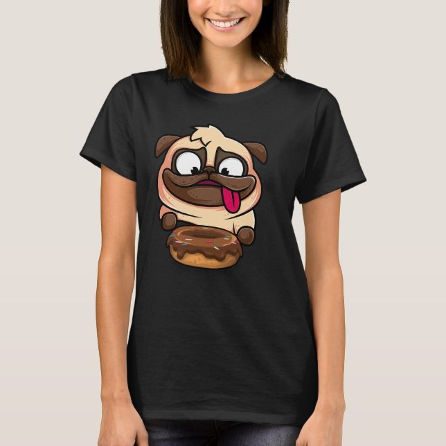 T-shirt Chien affamé, Pug, Amour, Manger, Beignet, Mignon, (Devant)