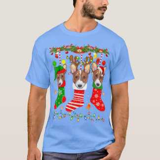 T-shirt Chien Basenji Dans Chaussettes De Noël Éclairage N