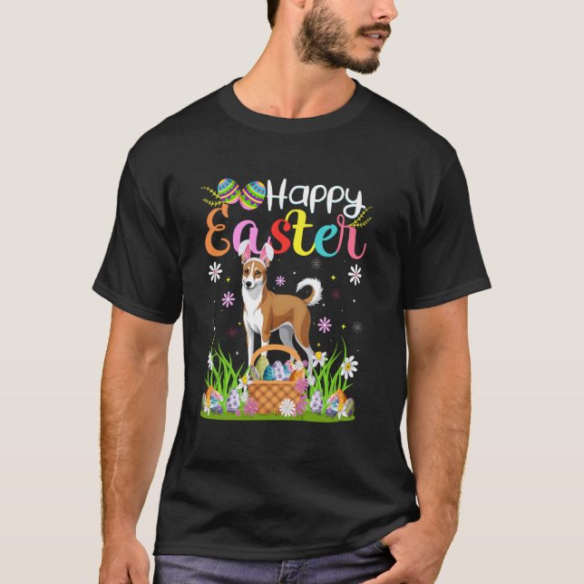 T-shirt Chien Basenji Joyeuses Pâques Chasse aux œufs Lapi (Devant)