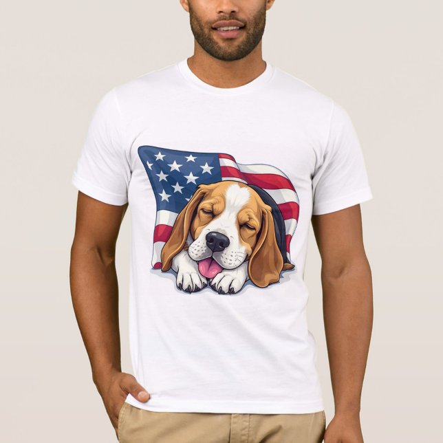 T-shirt Chien Beagle (A cartoon beagle sleeping peacefully, draped in an American flag.)
