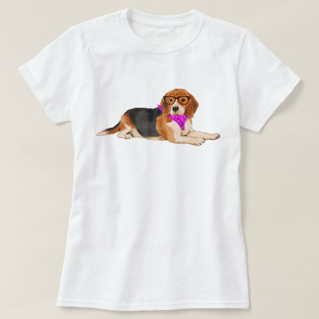 T-shirt Chien Beagle Hipster peint à la main (Design devant)