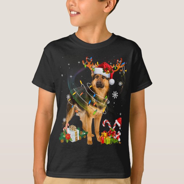 T-shirt Chien berger allemand éclaire Santa Hat Xmas Tree  (Devant)