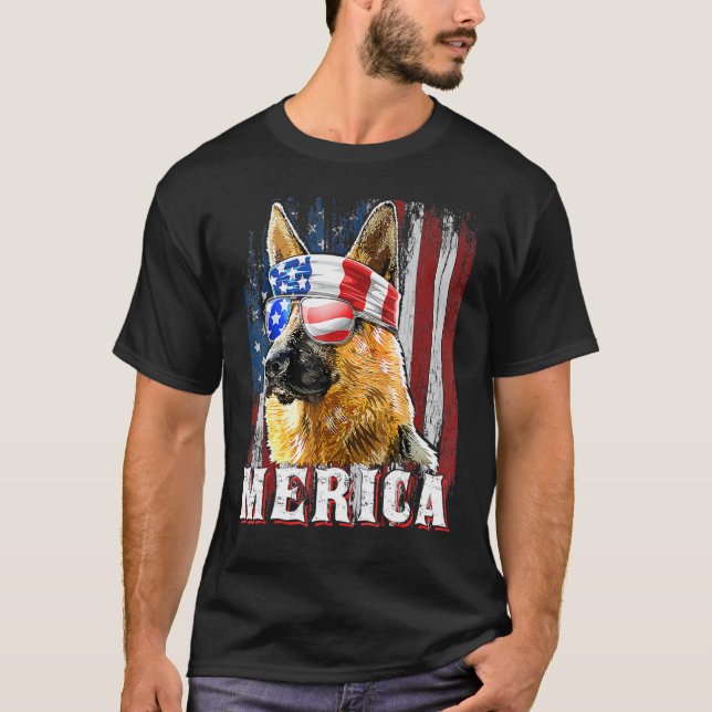 T-shirt Chien Berger Allemand Mérica 4 Juillet Drapeau Amé (Devant)