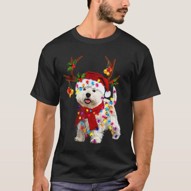 T-shirt Chien blanc de Père Noël ravissant renne Noël lége (Devant)